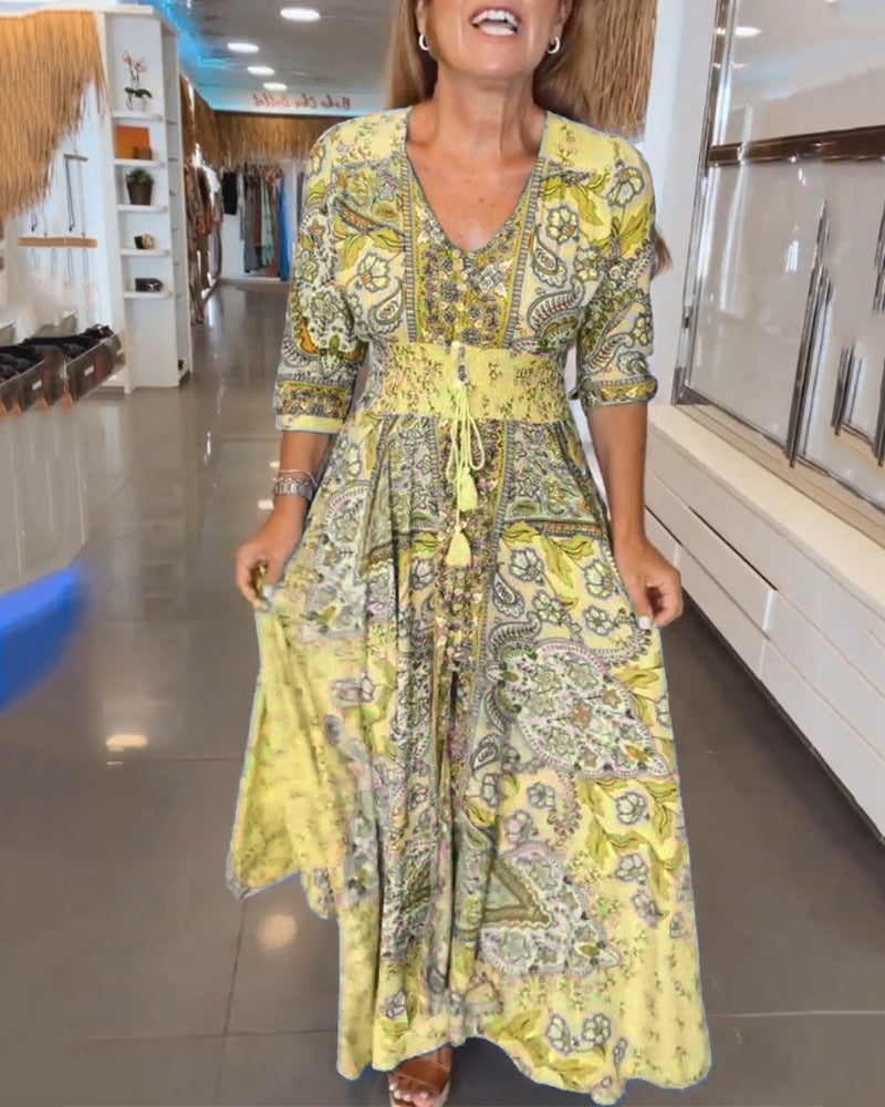Vestido maxi para mujer con estampado bohemio y cintura ajustable