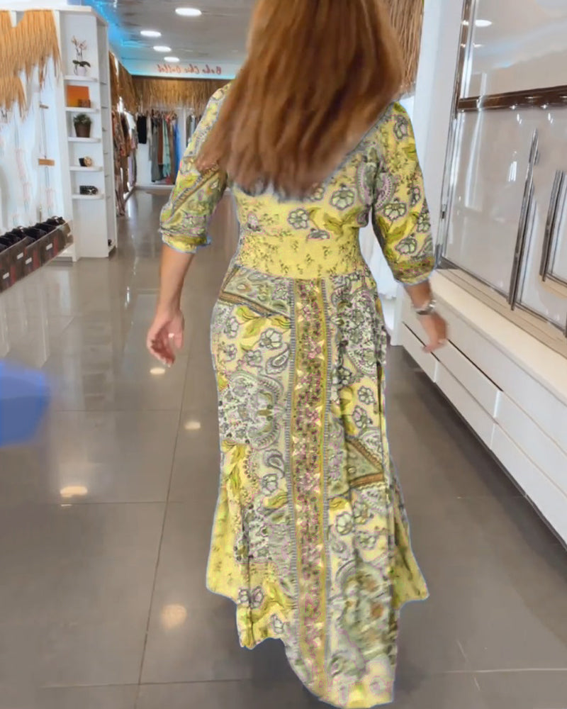 Vestido maxi para mujer con estampado bohemio y cintura ajustable