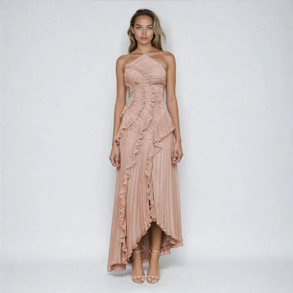 Vestido largo mujer con volantes y escote halter