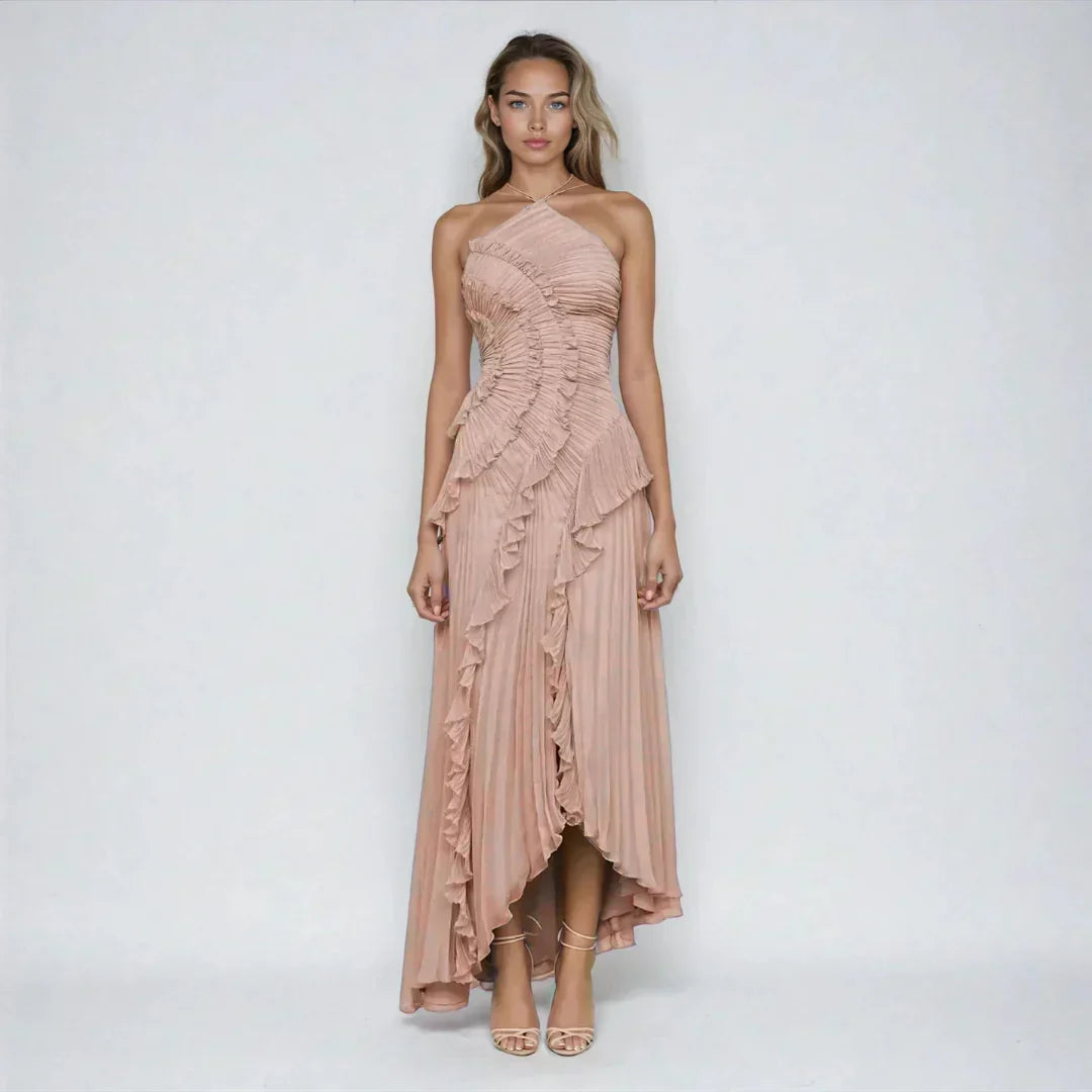 Vestido largo mujer con volantes y escote halter