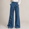 Pantalón mujer denim amplio con volantes elegantes