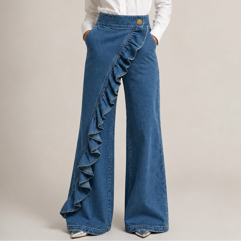 Pantalón mujer denim amplio con volantes elegantes