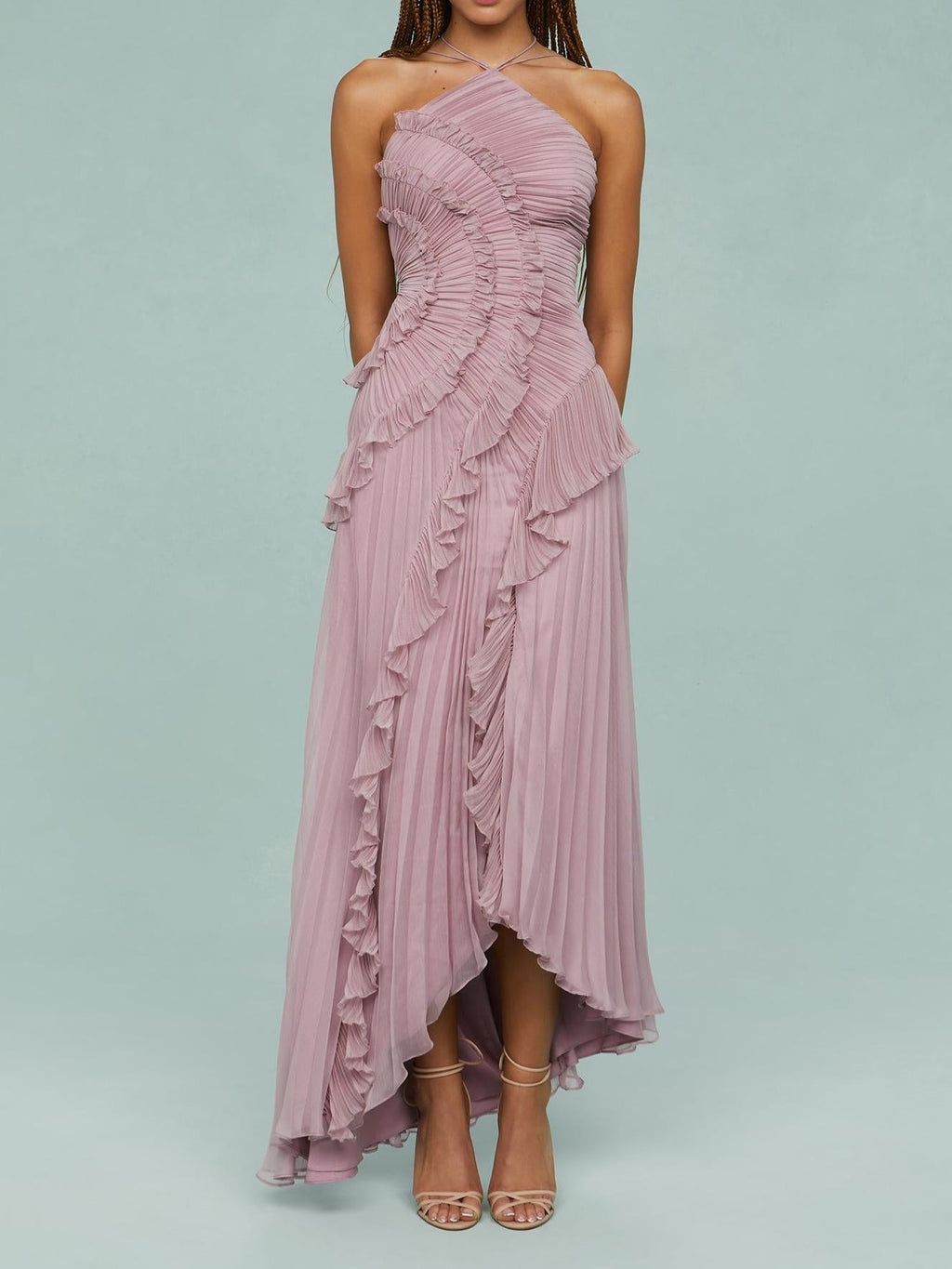 Vestido largo mujer con volantes y escote halter