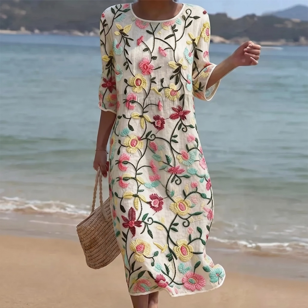 Vestido midi para mujer con flores bordadas y mangas tres cuartos
