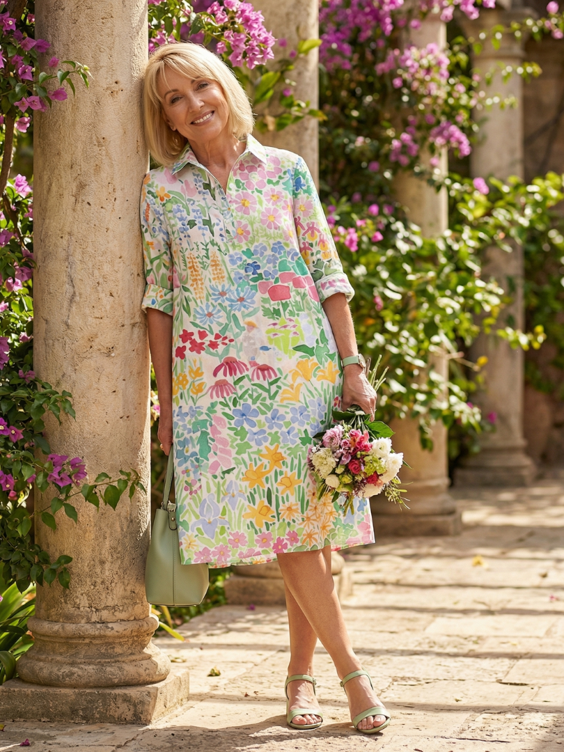 Vestido camisero floral para mujer con mangas tres cuartos