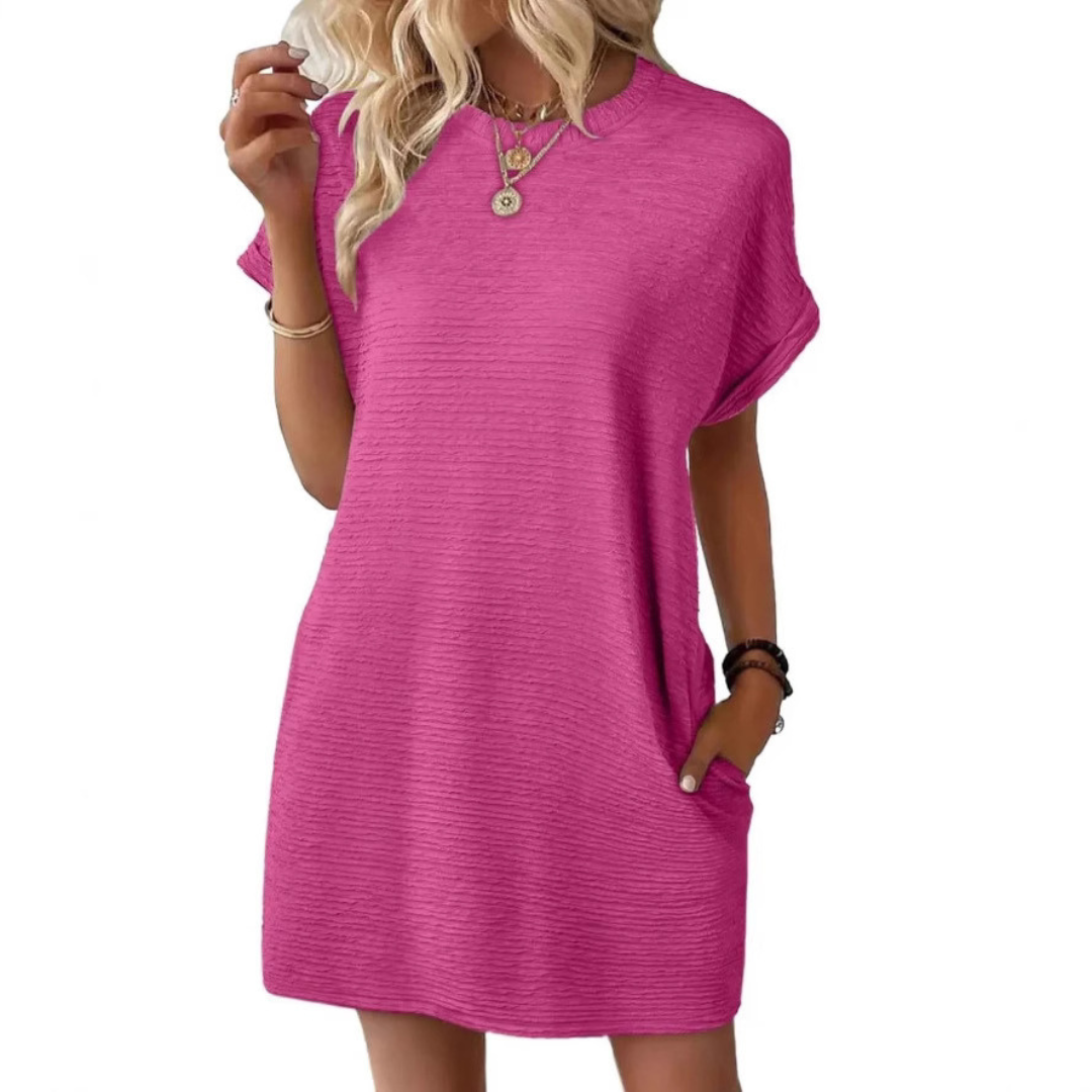 Vestido corto para mujer con cuello redondo y bolsillos laterales