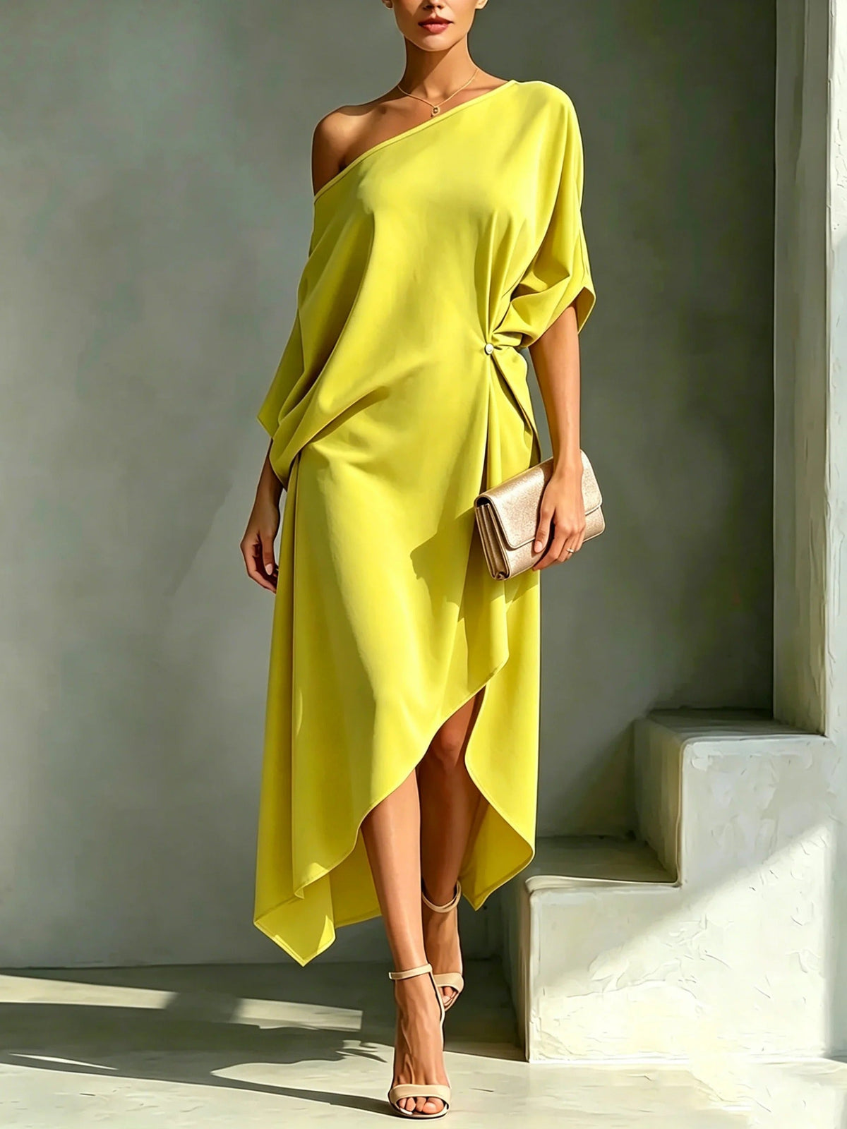 Vestido midi mujer asimétrico con hombro descubierto elegante