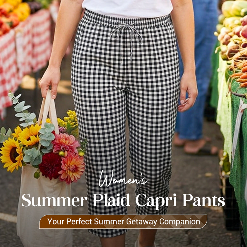 Pantalón capri de mujer con estampado vichy y cintura ajustable