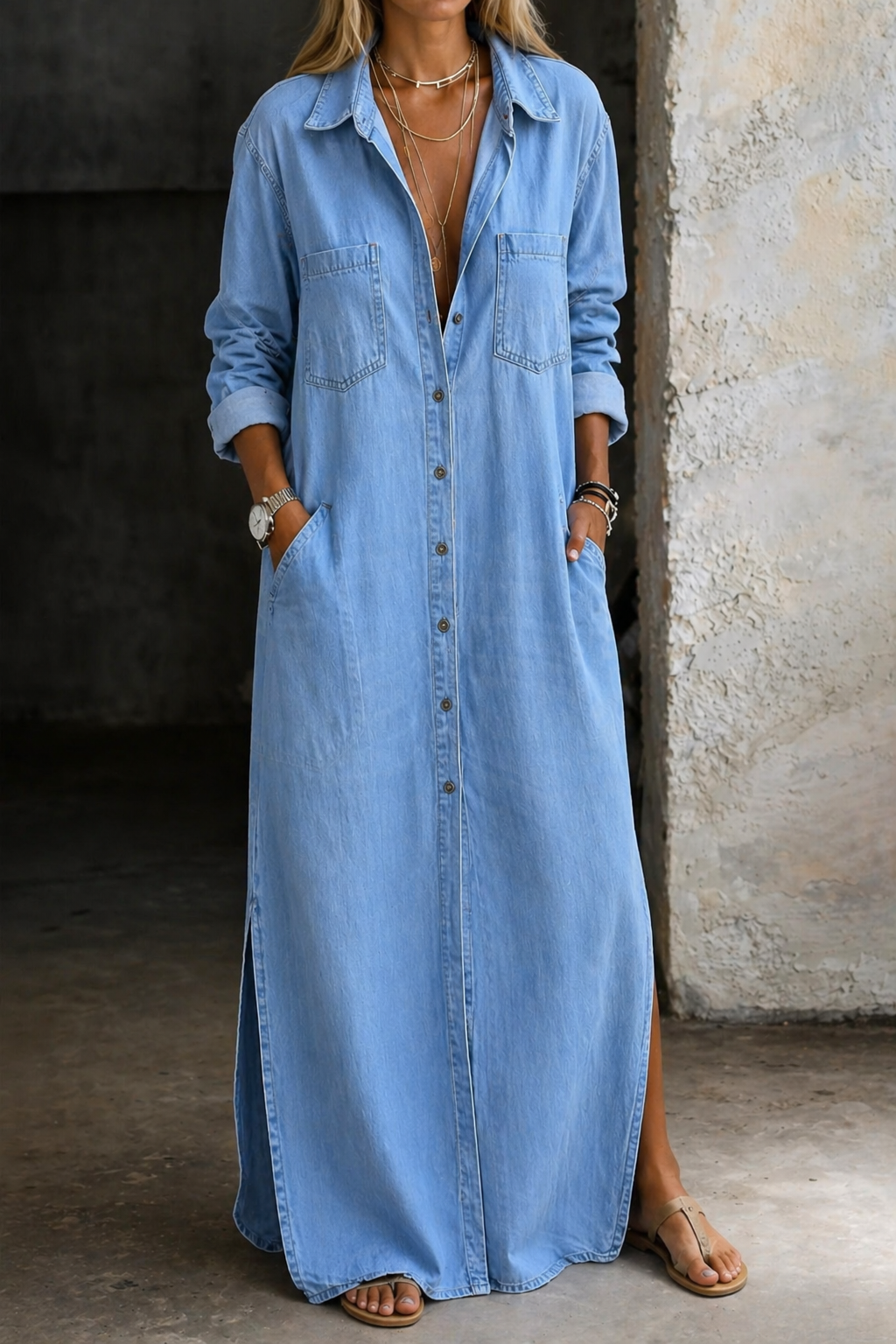 Vestido camisero largo para mujer en denim ligero con botones