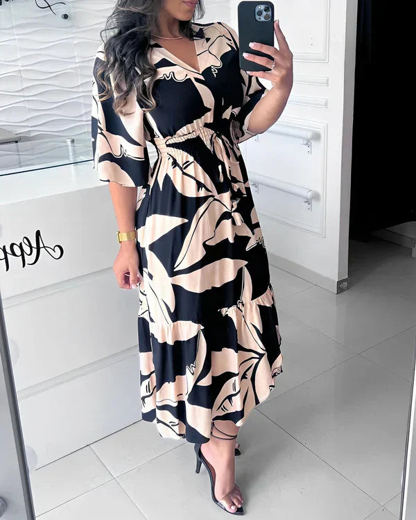 Vestido para mujer con escote en V, cintura ajustable y estampado abstracto