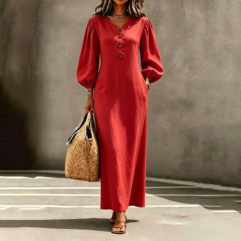 Vestido maxi mujer con escote en V y mangas abullonadas