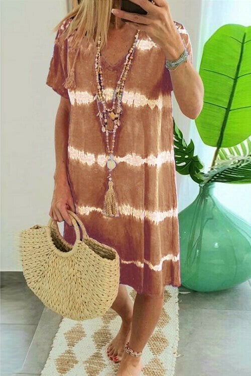 Vestido camiseta poliéster tie-dye con cuello en V veraniego