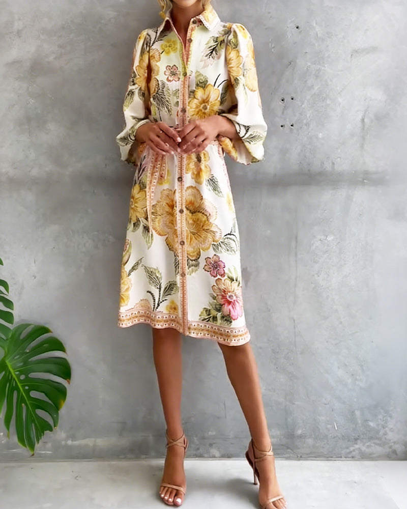 Vestido elegante de flores para mujer con mangas farol y botones