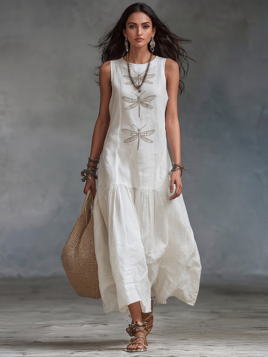 Vestido largo de algodón y lino con bordado de libélulas