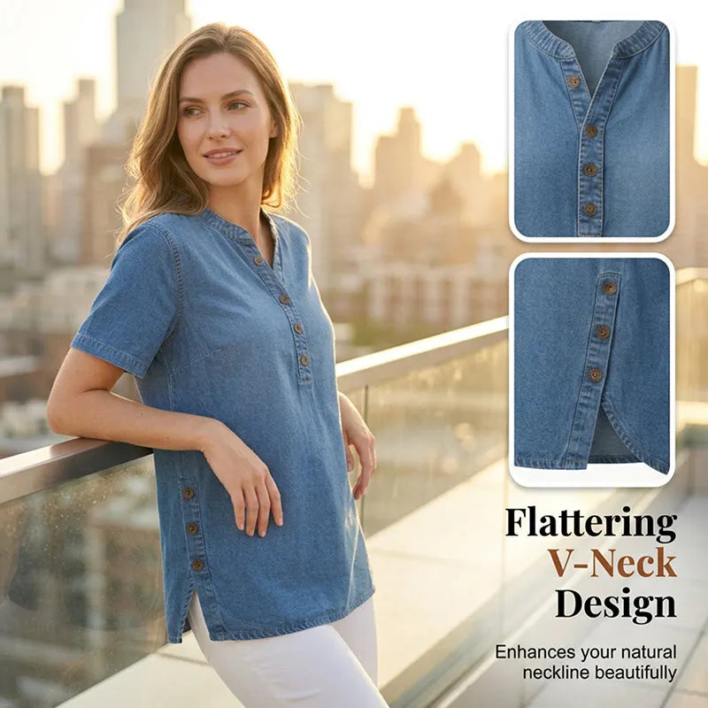 Túnica mujer de denim ligero con cuello en V y botones decorativos
