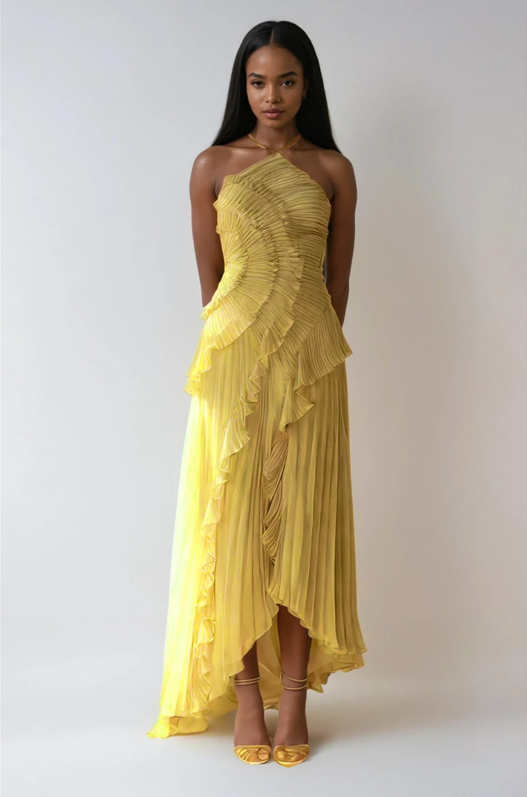 Vestido largo mujer con volantes y escote halter