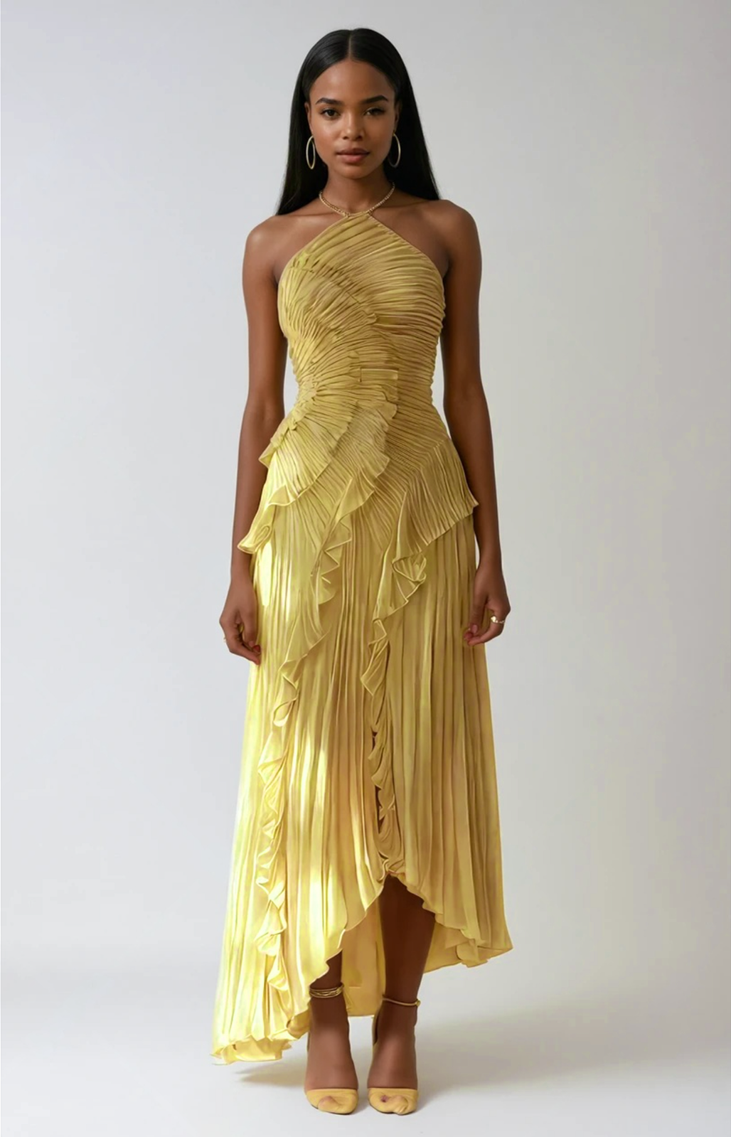Vestido largo mujer con volantes y escote halter