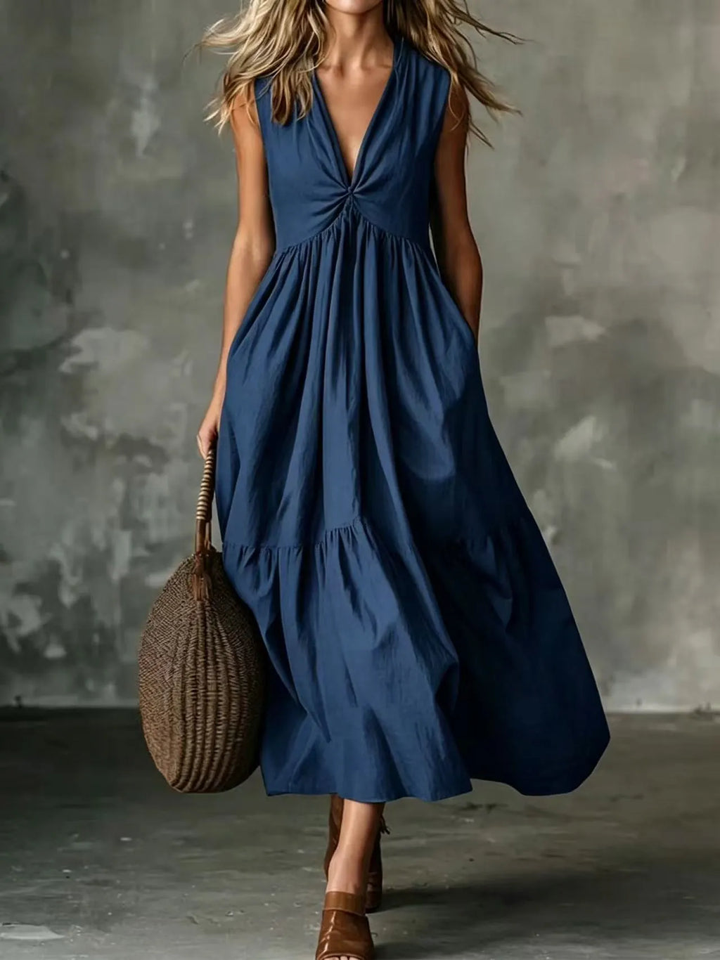 Vestido midi sin mangas para mujer con escote en V y bolsillos