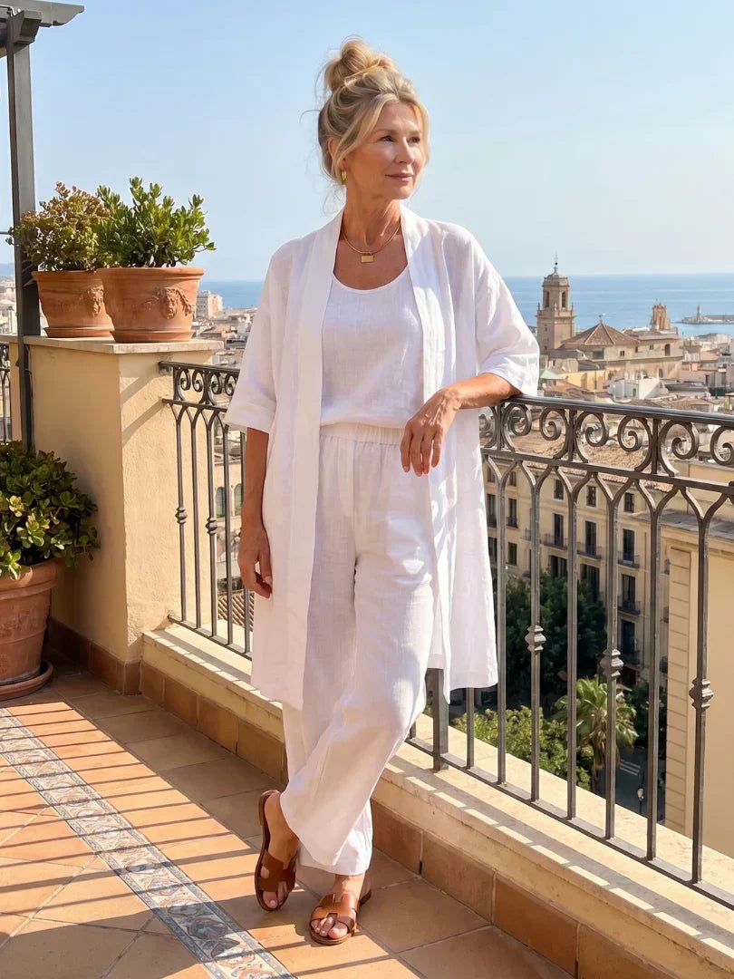Vestido largo para mujer con conjunto de tres piezas y pantalón amplio