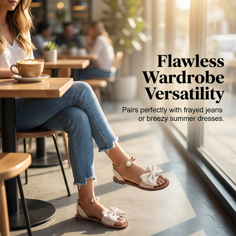 Sandalias mujer planas con lazo decorativo y detalles de perlas
