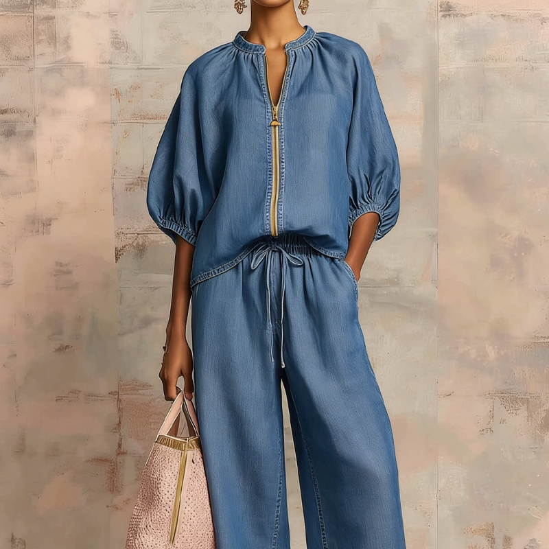Conjunto mujer elegante con blusa de cremallera y pantalón fluido