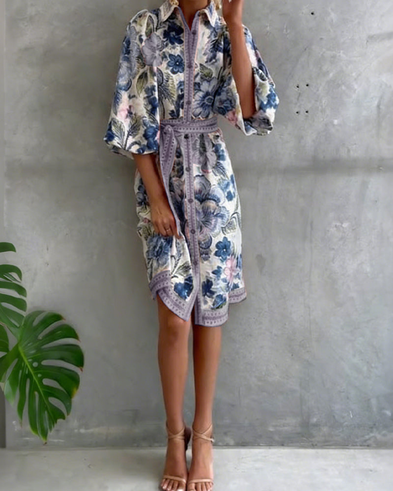 Vestido elegante de flores para mujer con mangas farol y botones