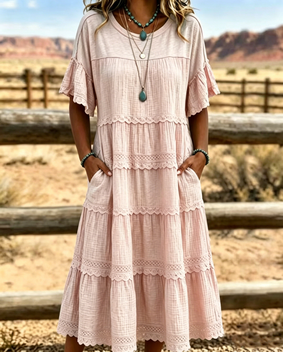 Vestido midi para mujeres de algodón y lino con volantes