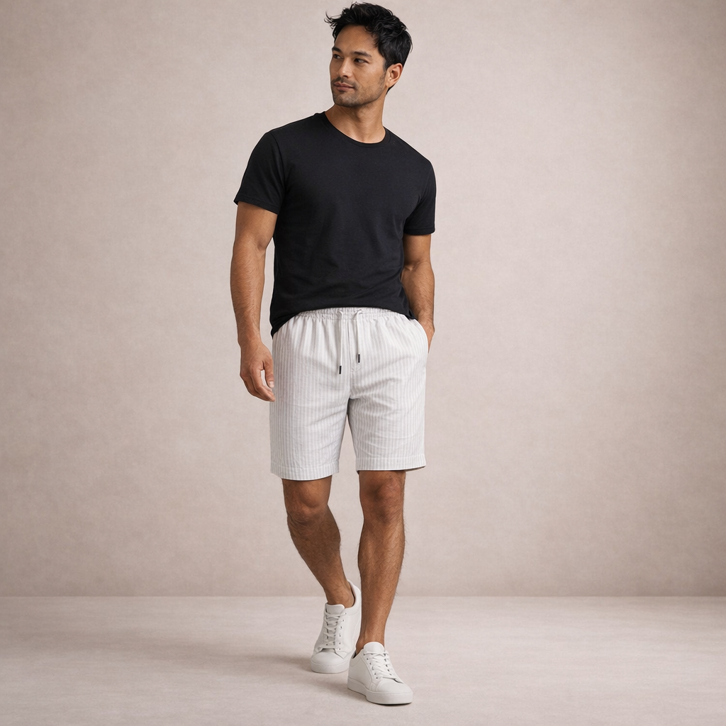 Pantalón corto lino poliéster hombre con cordón verano casual