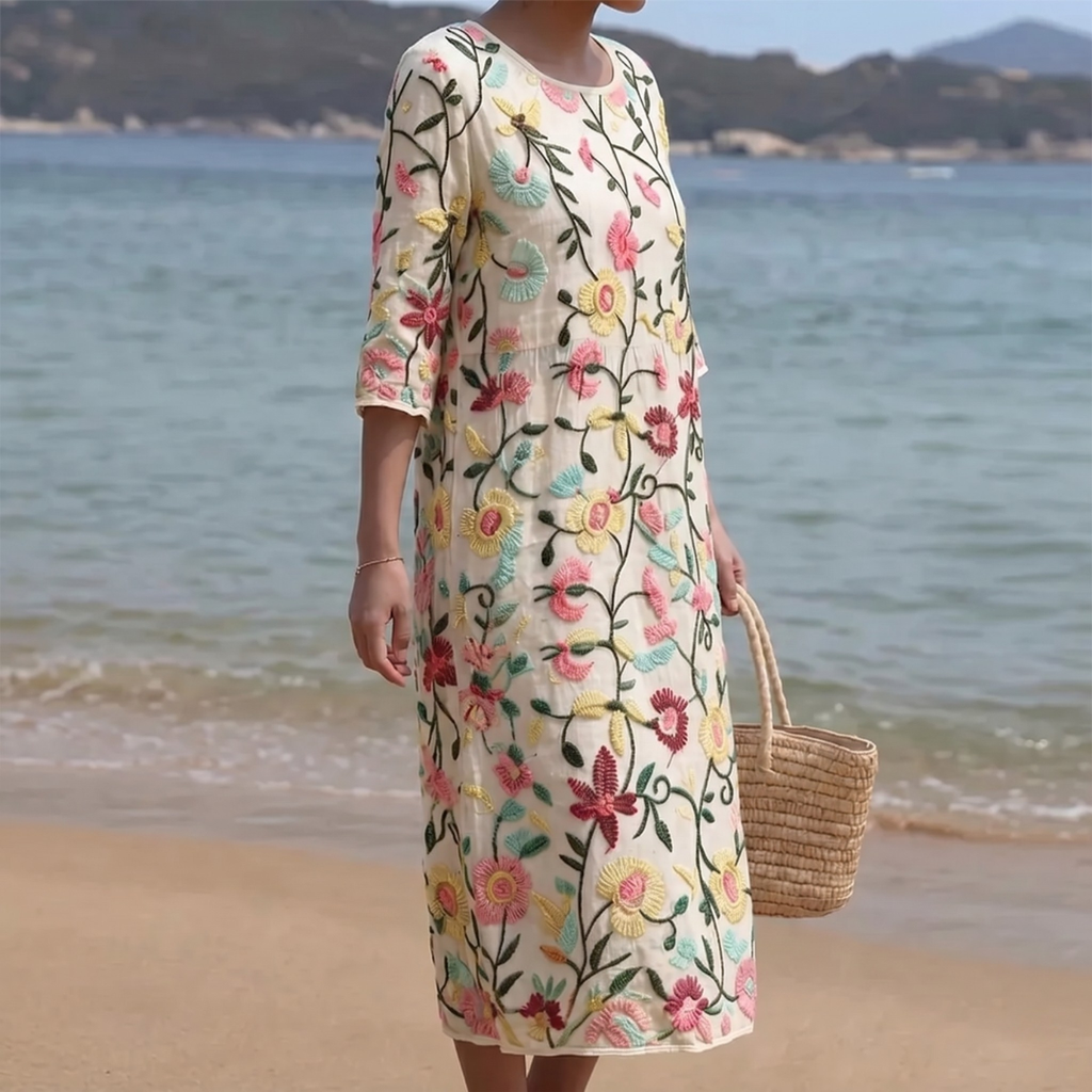 Vestido midi para mujer con flores bordadas y mangas tres cuartos