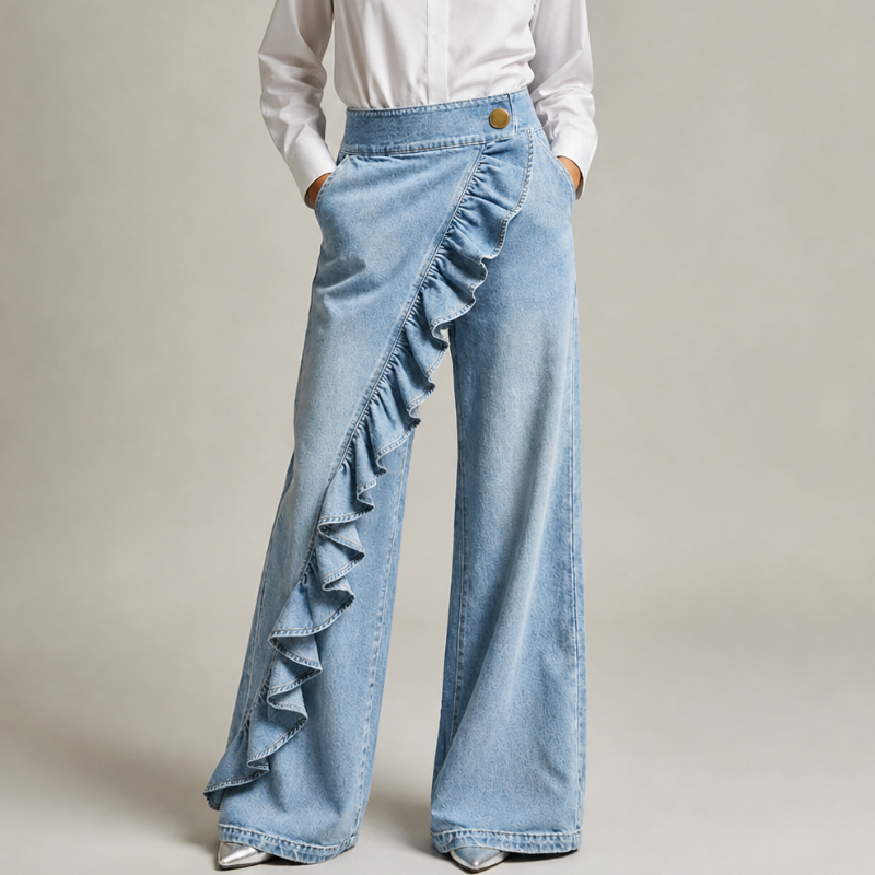 Pantalón mujer denim amplio con volantes elegantes