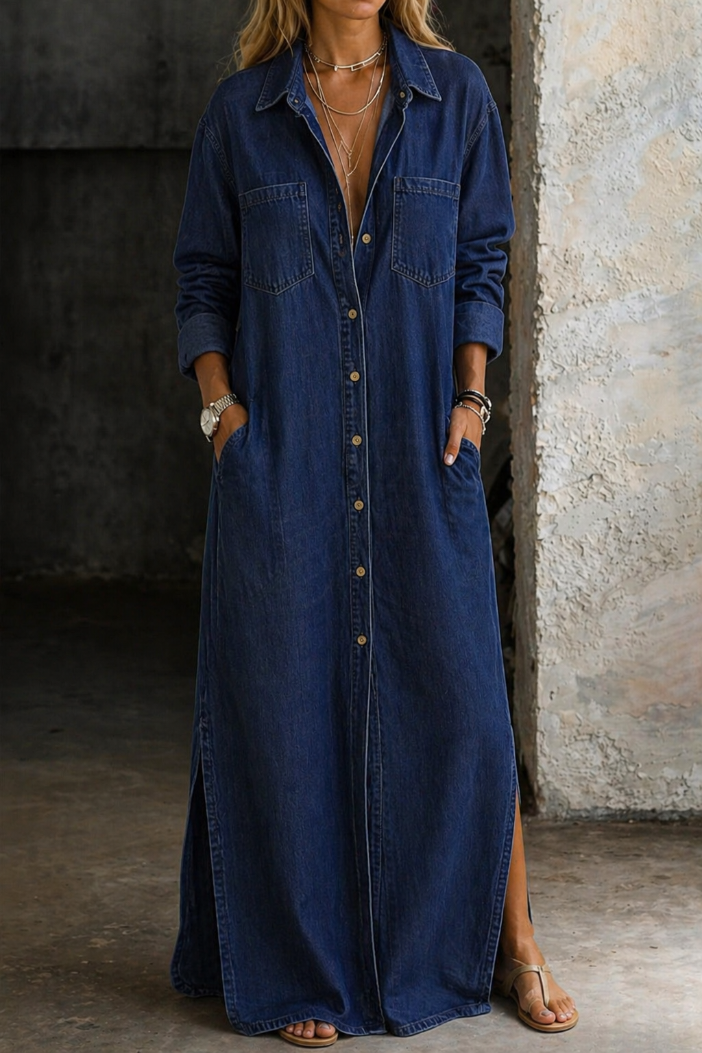 Vestido camisero largo para mujer en denim ligero con botones