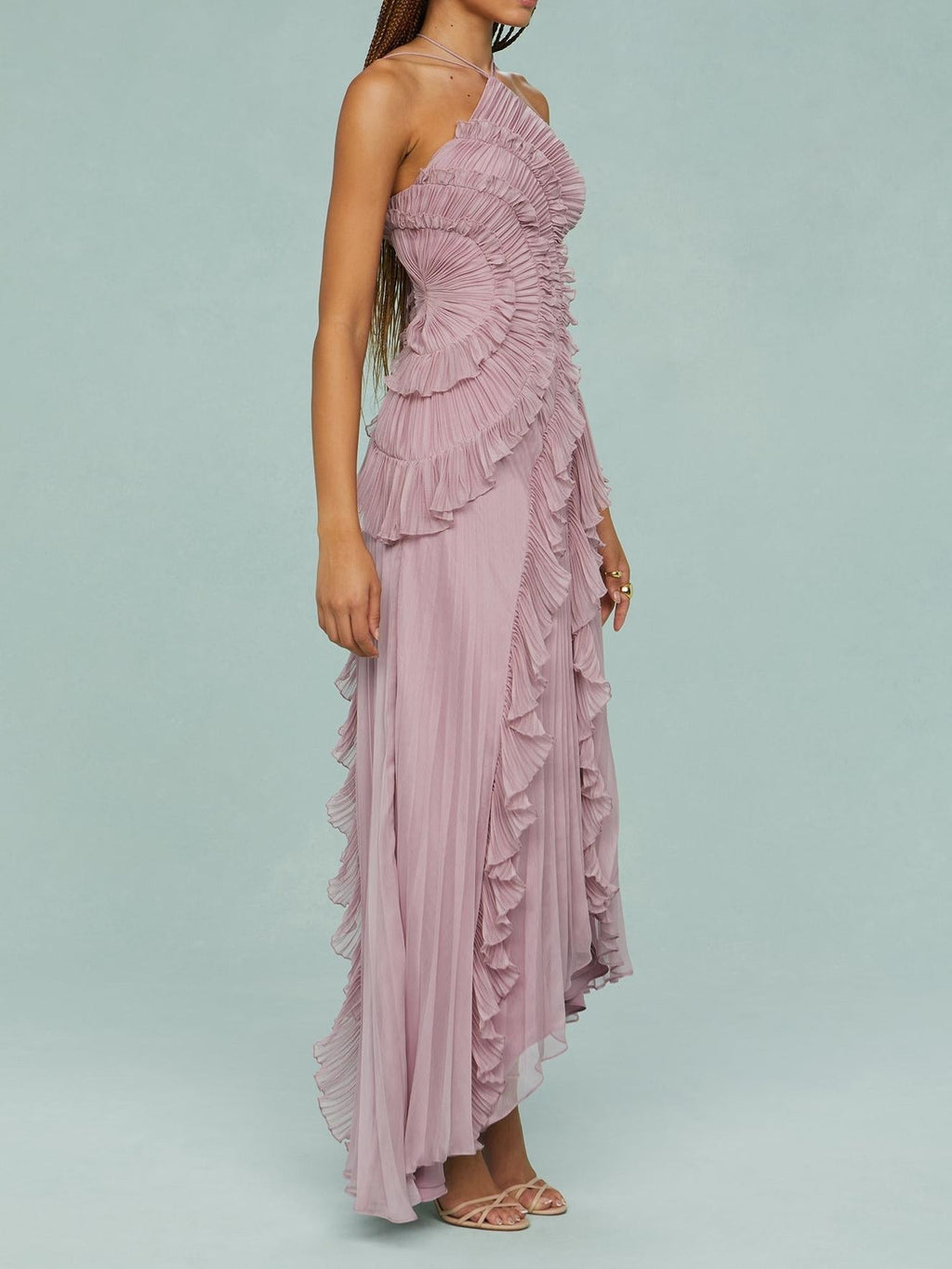 Vestido largo mujer con volantes y escote halter
