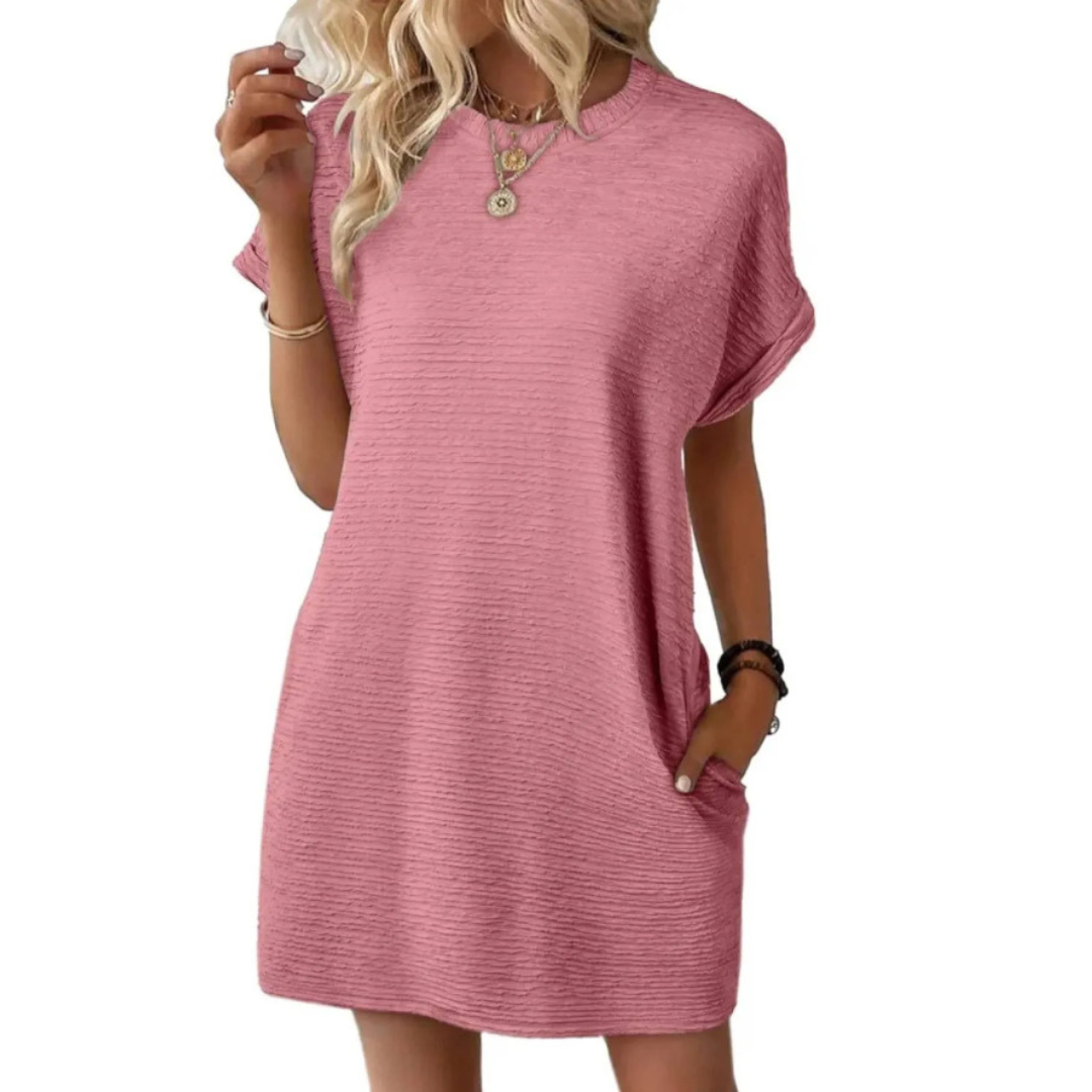 Vestido corto para mujer con cuello redondo y bolsillos laterales