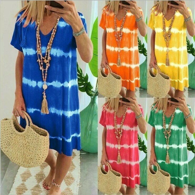 Vestido camiseta poliéster tie-dye con cuello en V veraniego