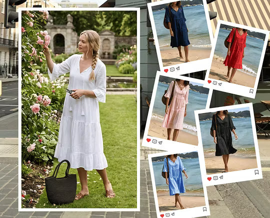 Vestido midi de algodón para mujer con escote en V y mangas acampanadas