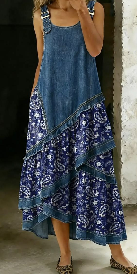 Vestido bohemio mujer con patchwork denim y estampado floral