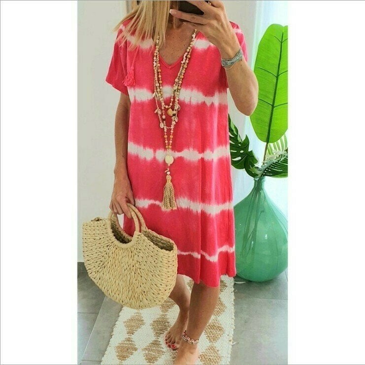 Vestido camiseta poliéster tie-dye con cuello en V veraniego