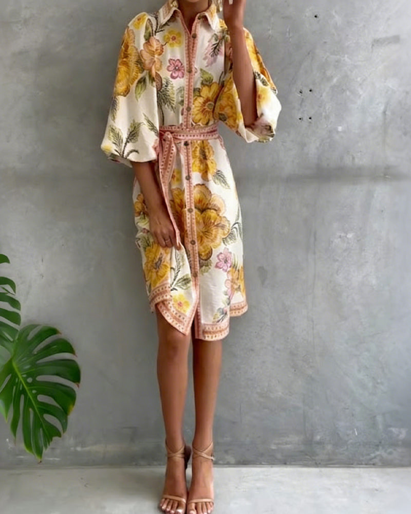 Vestido elegante de flores para mujer con mangas farol y botones