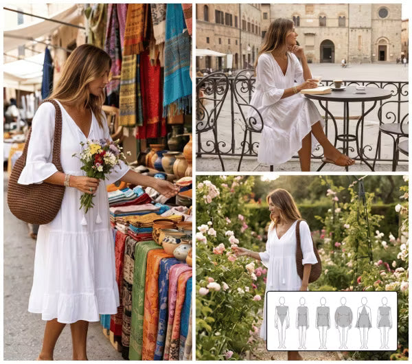 Vestido midi de algodón para mujer con escote en V y mangas acampanadas