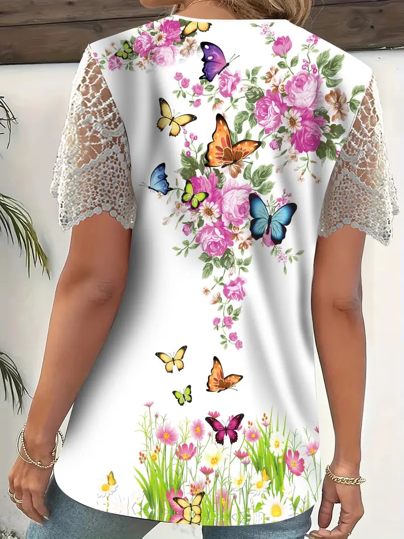 Top de dama con escote en V floral y mangas de encaje