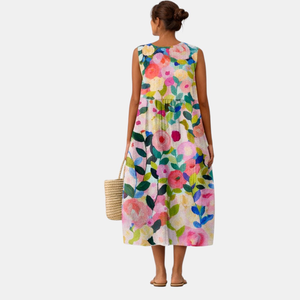 Vestido midi mujer algodón viscosa floral sin mangas verano