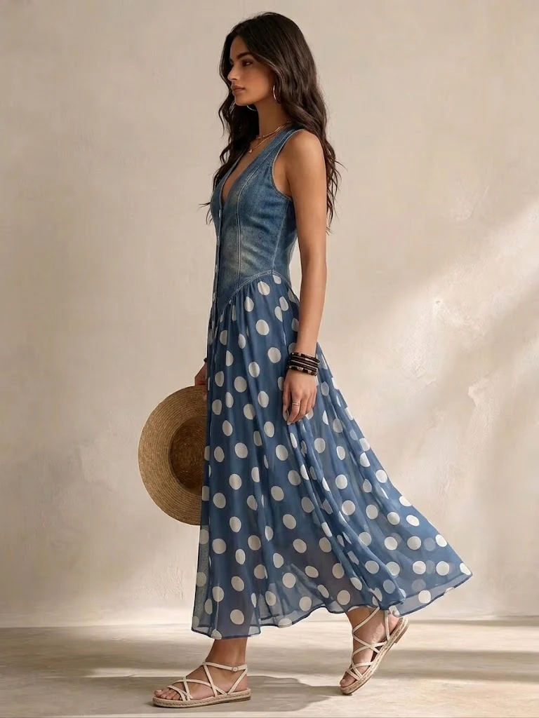 Vestido largo mujer algodón efecto denim con falda de lunares