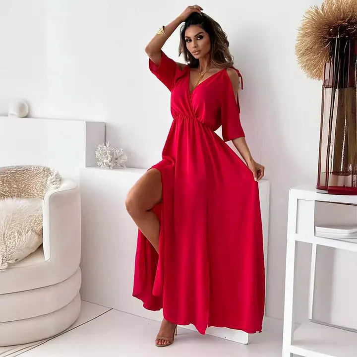 Vestido maxi mujer hombros descubiertos abertura elegante