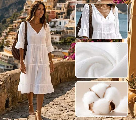 Vestido midi de algodón para mujer con escote en V y mangas acampanadas