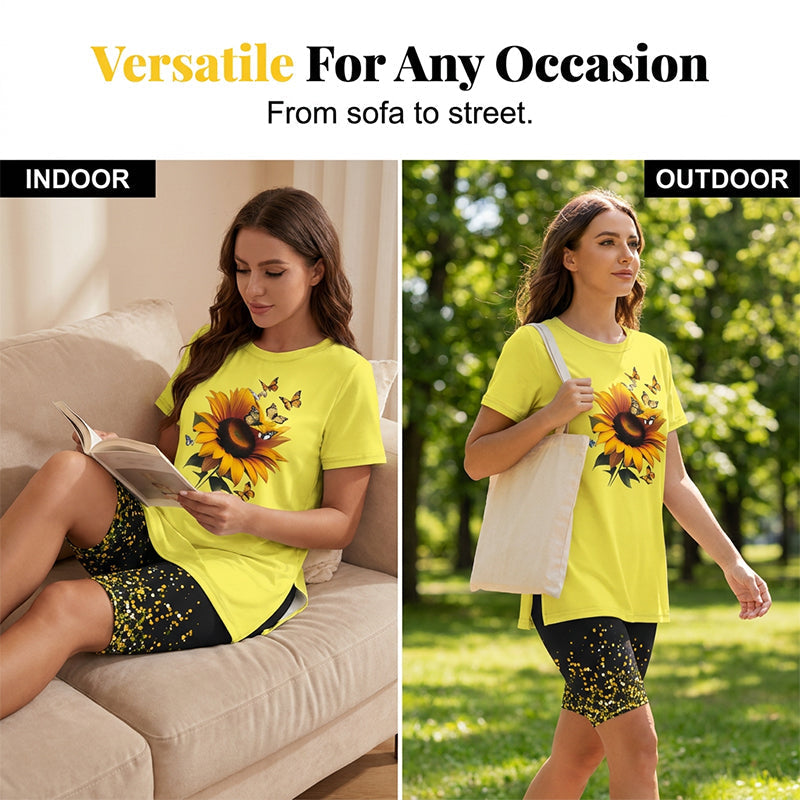 Conjunto de mujer con camiseta de girasol y pantalón corto estampado