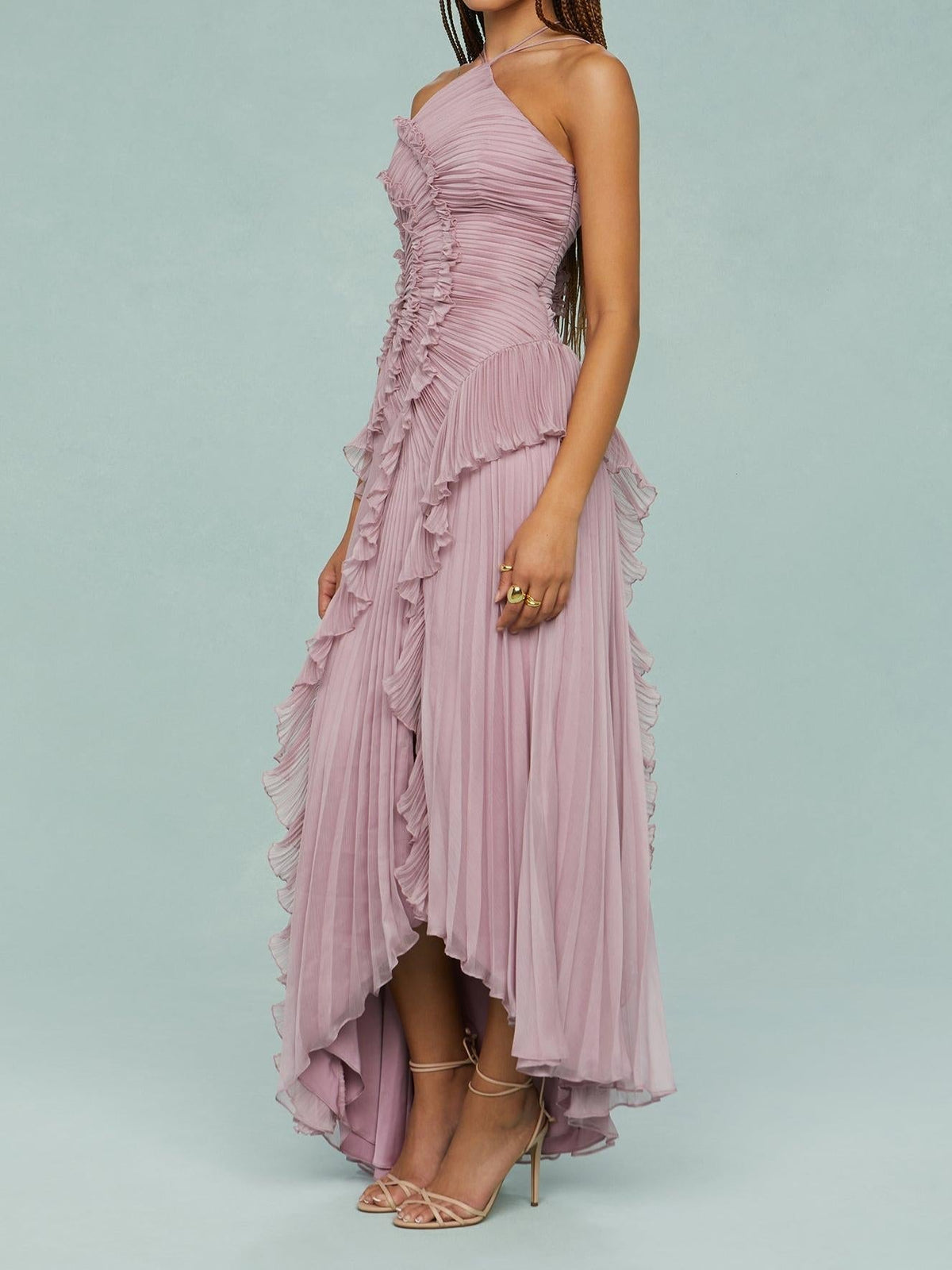 Vestido largo mujer con volantes y escote halter