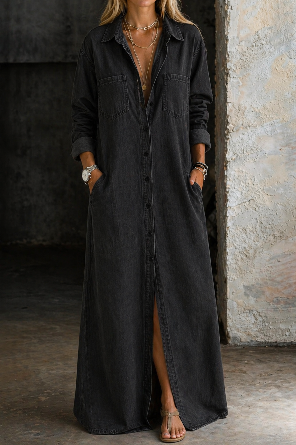 Vestido camisero largo para mujer en denim ligero con botones