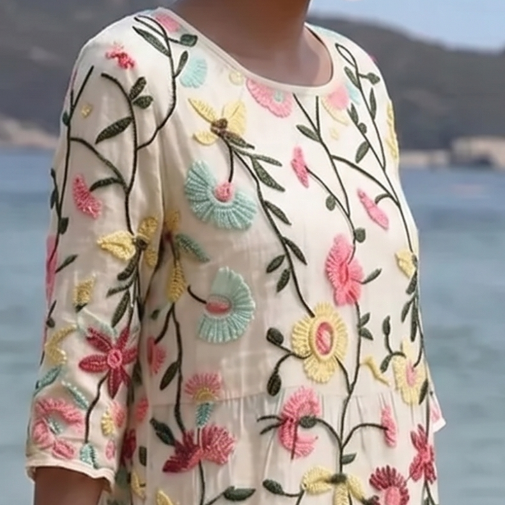 Vestido midi para mujer con flores bordadas y mangas tres cuartos