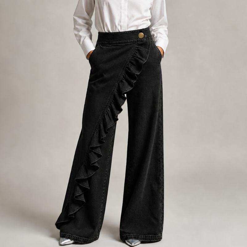 Pantalón mujer denim amplio con volantes elegantes