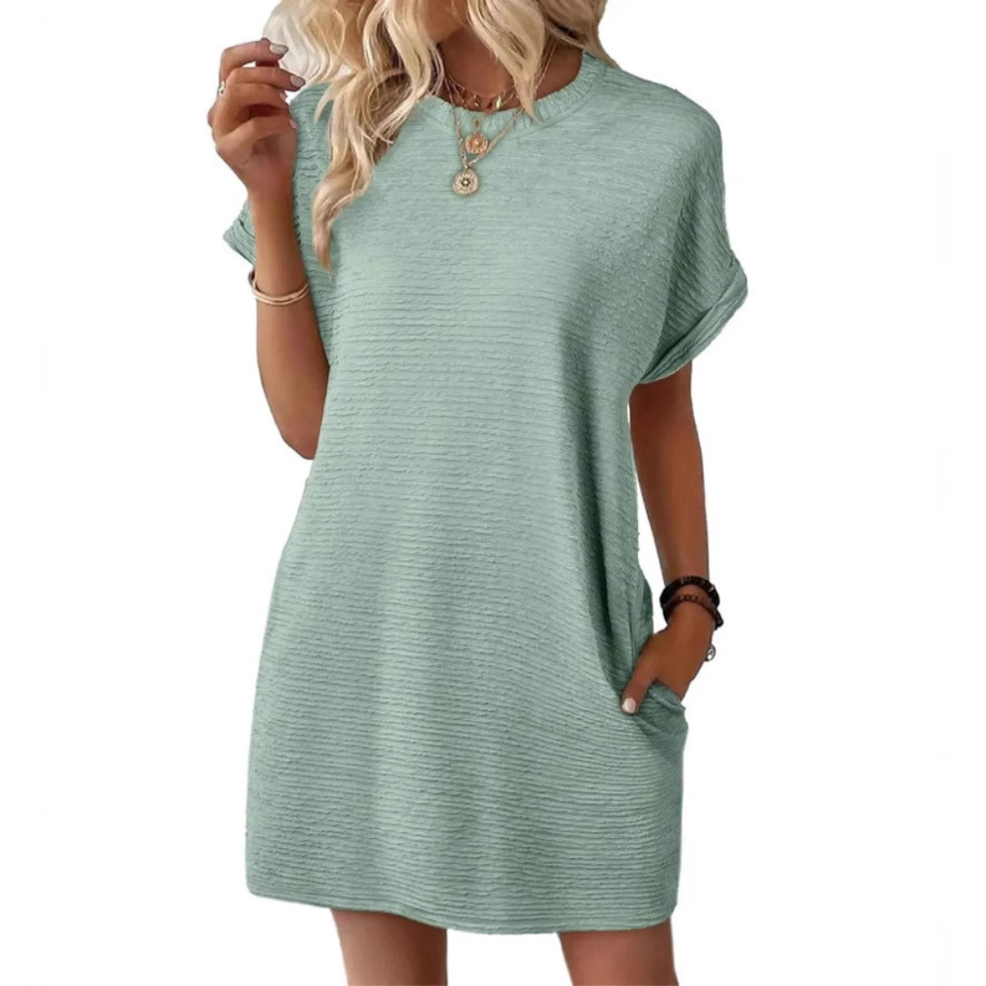 Vestido corto para mujer con cuello redondo y bolsillos laterales